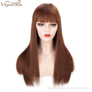 Vigorous Good Quality  High Temperature Long Straight Synthetic Hair Wigs for Women Brown Wigs With Bangs Wholesale